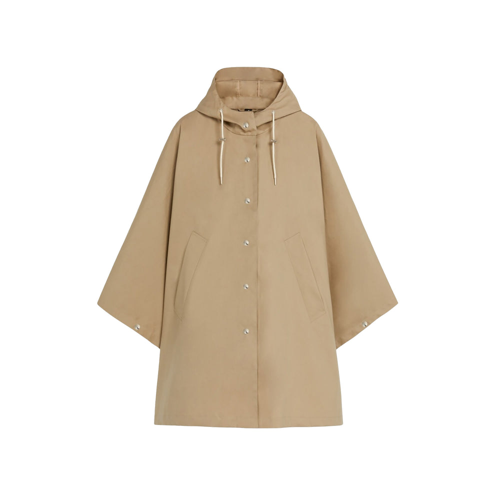 Beige hooded raincoat by Mackintosh, crafted from RAINTEC cotton. This weatherproof clothing features a button closure and two front pockets, ensuring style and practicality. Displayed against a white background, the W Boni keeps you chic and dry.