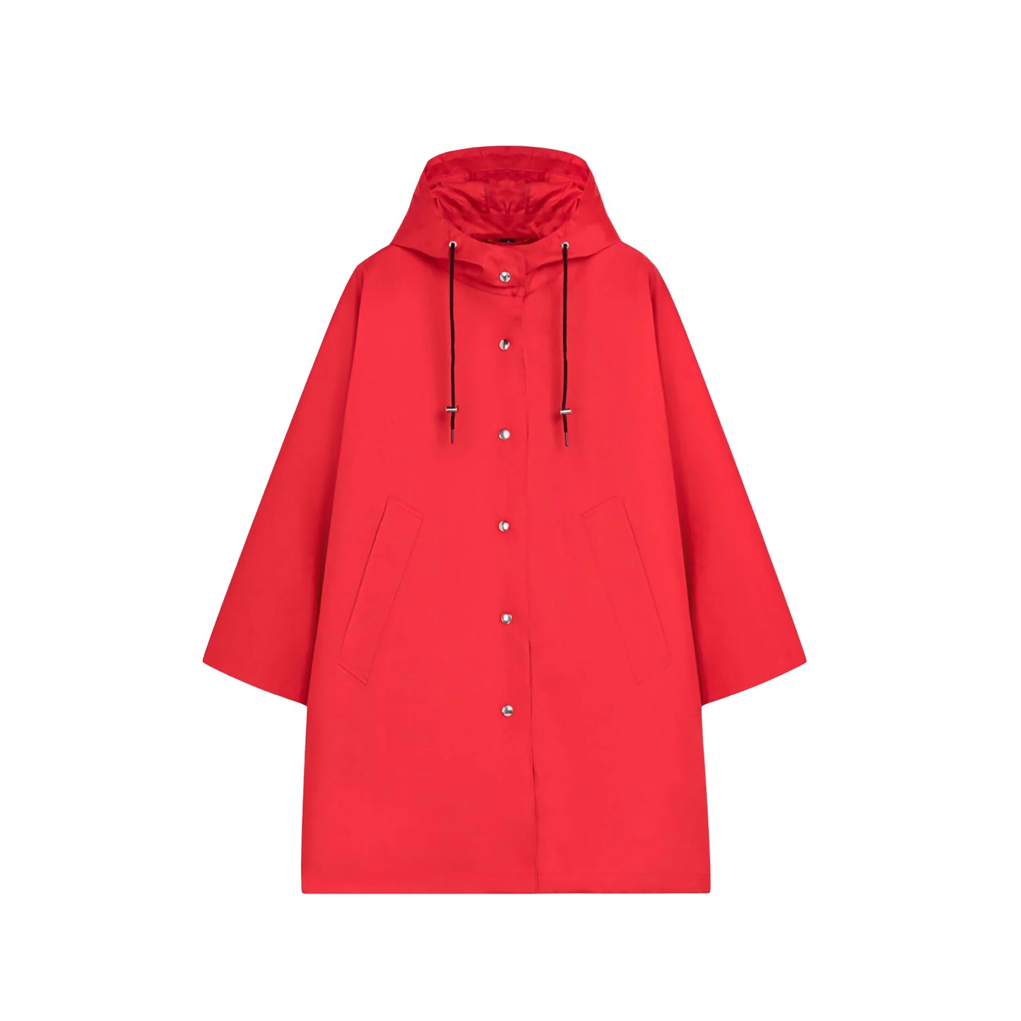 Mackintosh's W Boni: a cotton red hooded raincoat with front pockets and button closure, showcased on a white background. This weatherproof piece combines style and functionality, ideal for stormy weather.