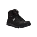 Introducing the Women's Cloudrock 2 Waterproof by On Running: a black athletic speed-hiking boot featuring a high ankle, lace-up design, shock absorption, and a textured sole.