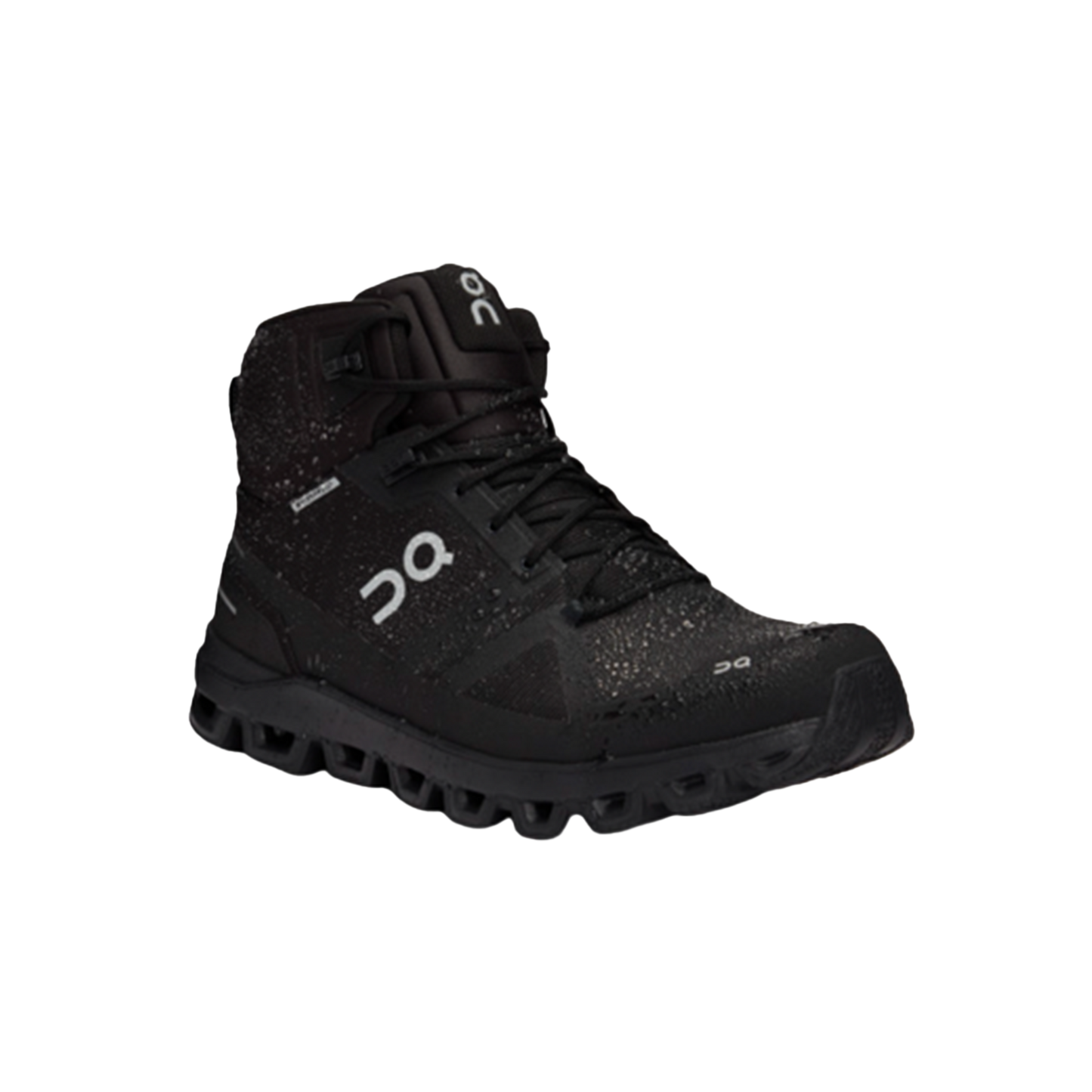 Introducing the Women's Cloudrock 2 Waterproof by On Running: a black athletic speed-hiking boot featuring a high ankle, lace-up design, shock absorption, and a textured sole.