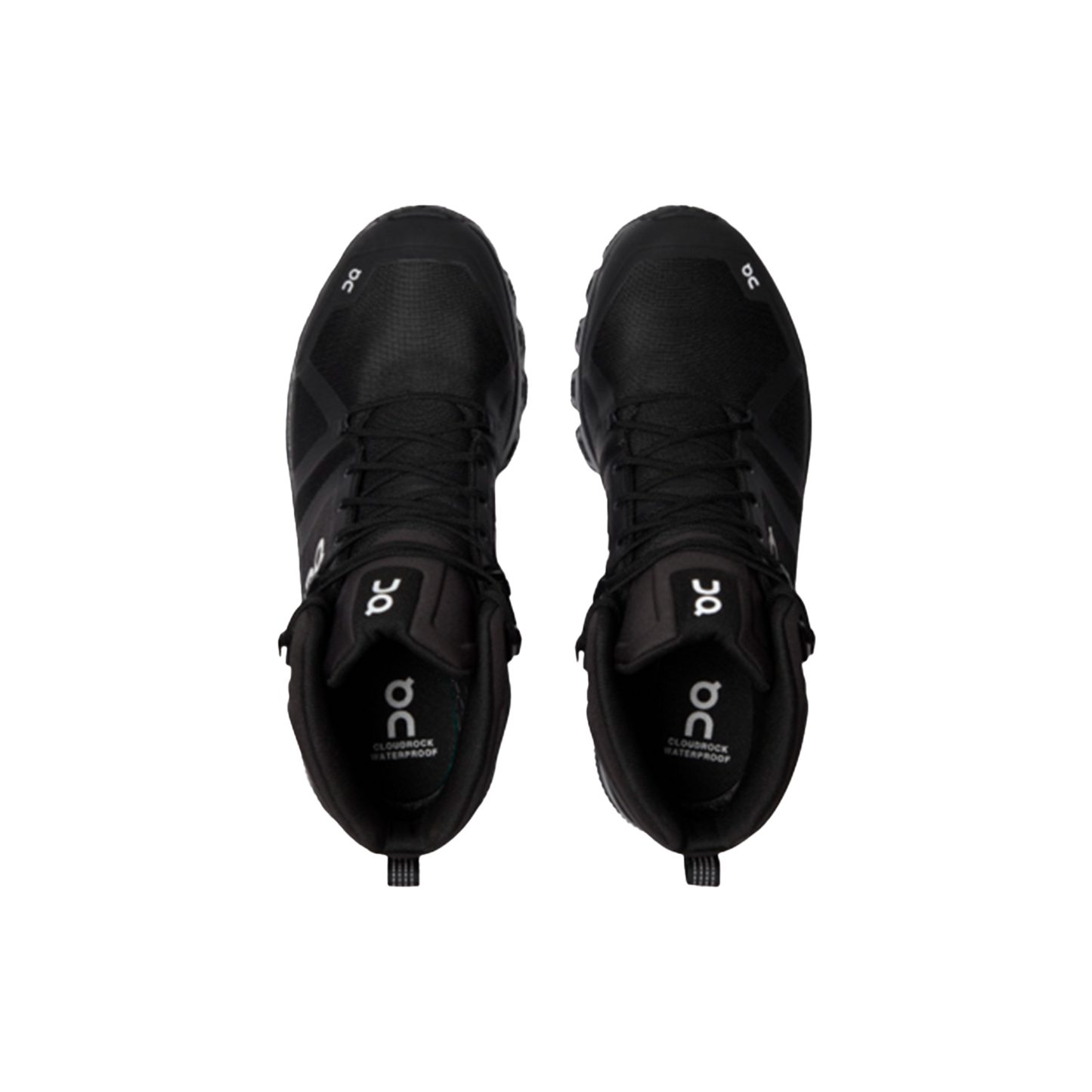 The Women's Cloudrock 2 Waterproof by On Running, featuring black high-top designs with laces and white logos on the tongues and sides, now incorporates waterproof technology for all-weather wear.