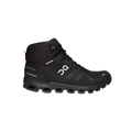 The Women's Cloudrock 2 Waterproof by On Running is a black high-top shoe featuring a textured CloudTec® outsole and brand logo on the side, making it ideal for a speedy hike.