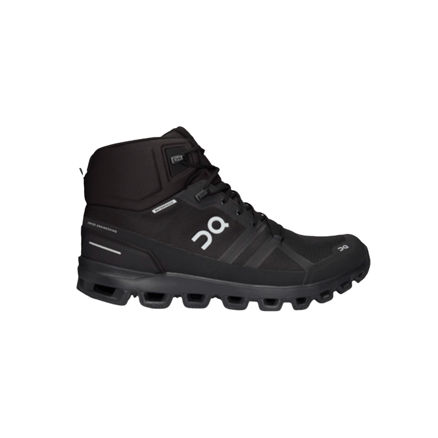 The Women's Cloudrock 2 Waterproof by On Running is a black high-top shoe featuring a textured CloudTec® outsole and brand logo on the side, making it ideal for a speedy hike.