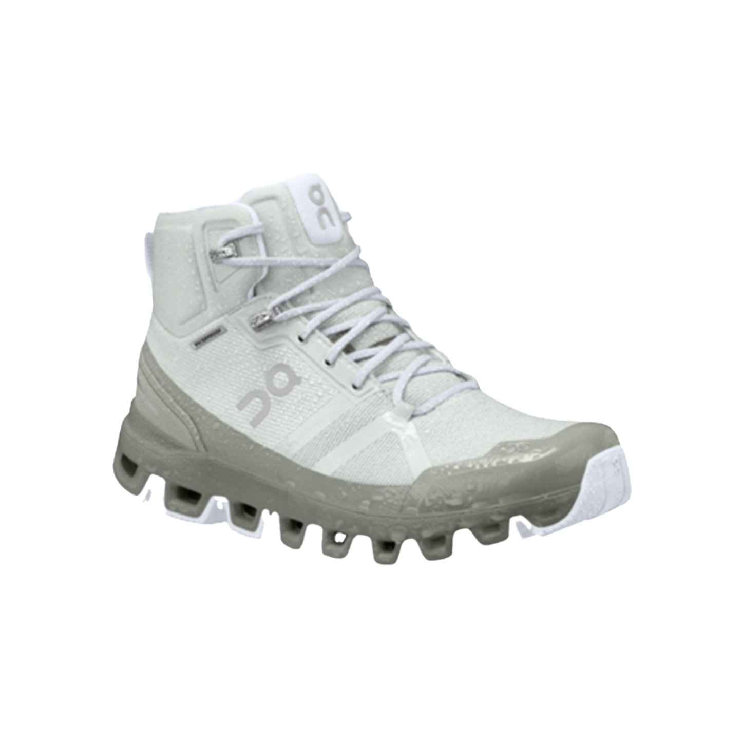 The Women's Cloudrock 2 Waterproof by On Running is a light gray athletic shoe designed with a lace-up system, offering high ankle support and equipped with a textured CloudTec® outsole, making it ideal for enhanced comfort and stability during speed-hiking adventures.