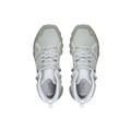 A top view of the Women's Cloudrock 2 Waterproof shoes by On Running, featuring a light grey design with a CloudTec® outsole and white laces, patterned soles showcased against a black background.