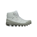 Introducing the Women's Cloudrock 2 Waterproof by On Running, a high-top athletic shoe in gray and white with a thick grooved sole and lace-up design, offering exceptional shock absorption.