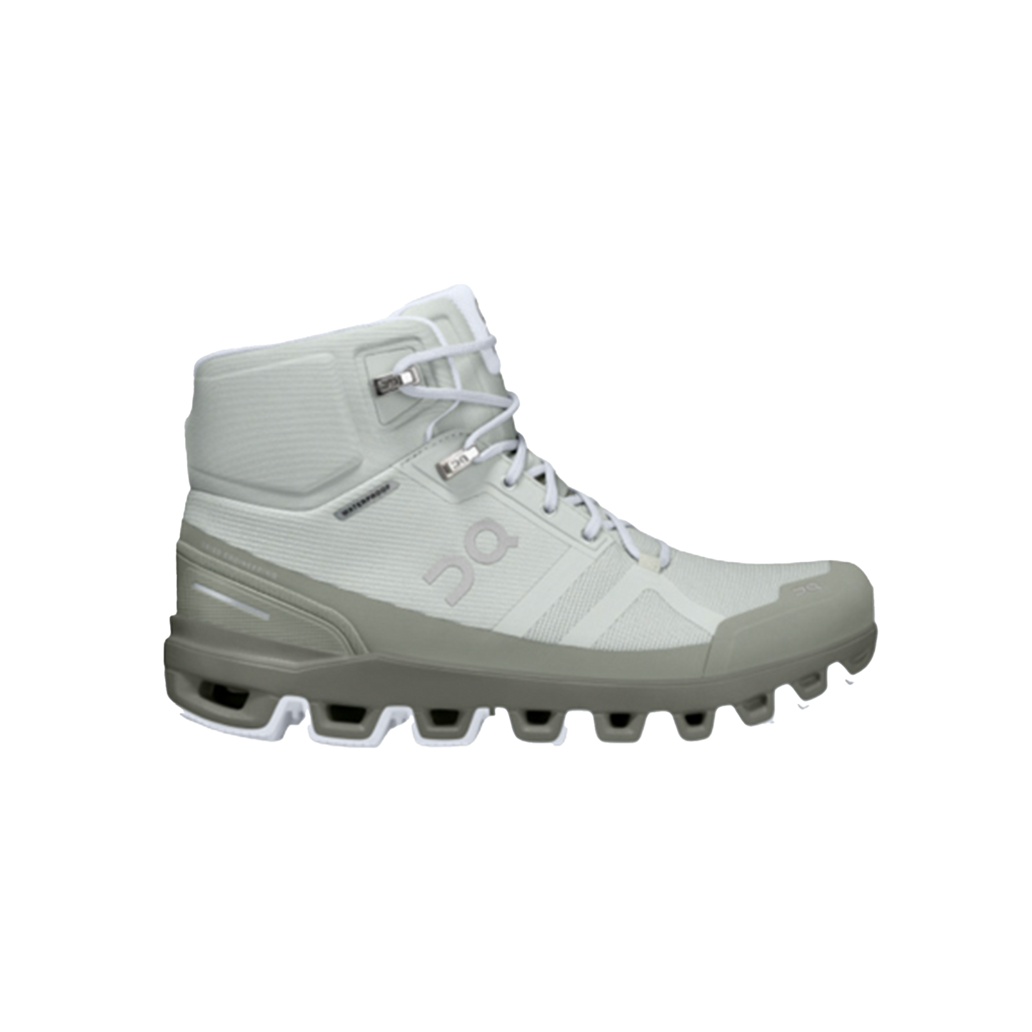 Introducing the Women's Cloudrock 2 Waterproof by On Running, a high-top athletic shoe in gray and white with a thick grooved sole and lace-up design, offering exceptional shock absorption.