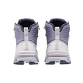 Rear view of the Women's Cloudrock 2 Waterproof boots by On Running, showcasing a waterproof white and gray design with textured soles and an ankle-height style, ideal for speed-hiking enthusiasts.