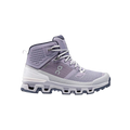 The Women's Cloudrock 2 Waterproof by On Running is a stylish purple and white high-top sneaker with a textured sole, laces, and logo details on the side, designed to provide excellent shock absorption for enhanced comfort.