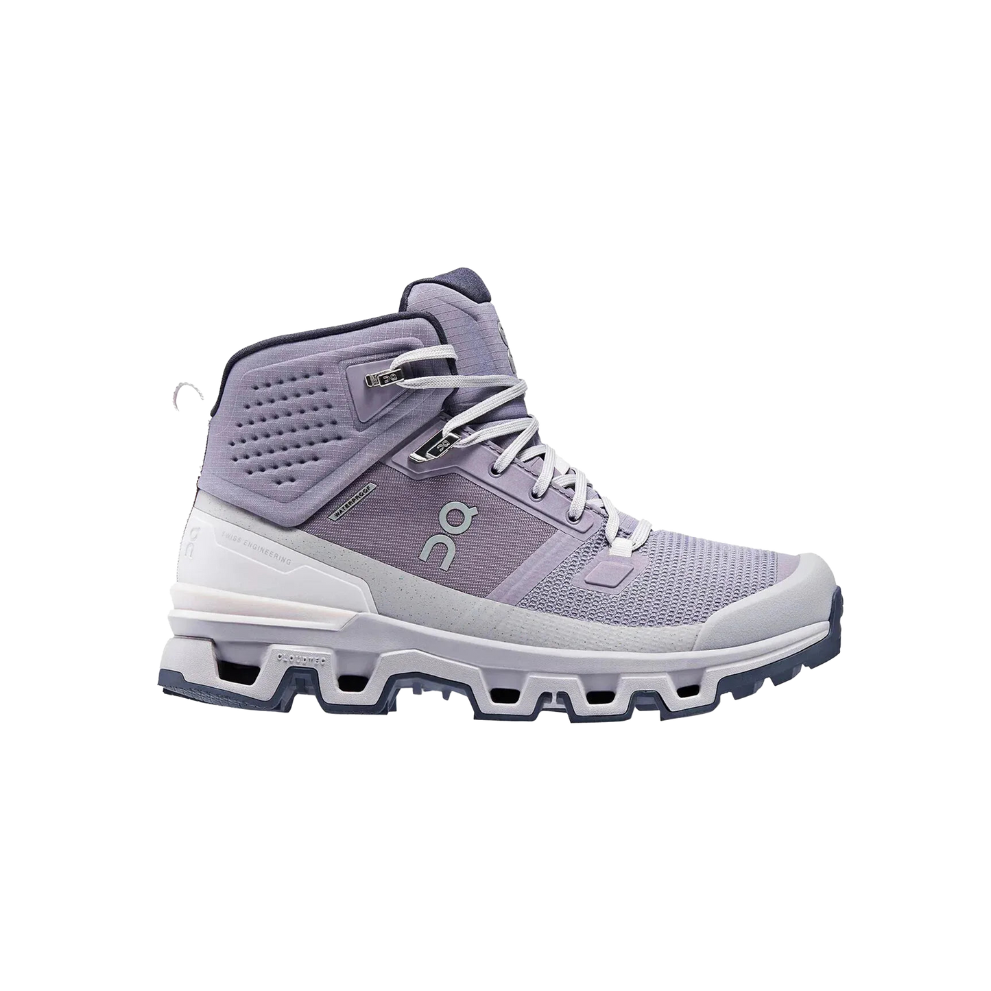 The Women's Cloudrock 2 Waterproof by On Running is a stylish purple and white high-top sneaker with a textured sole, laces, and logo details on the side, designed to provide excellent shock absorption for enhanced comfort.