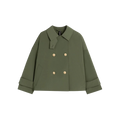 The W Humbie DB Short Nylon by Mackintosh is an olive green, water-repellent, double-breasted coat featuring gold buttons, wide lapels, and cuffed sleeves.