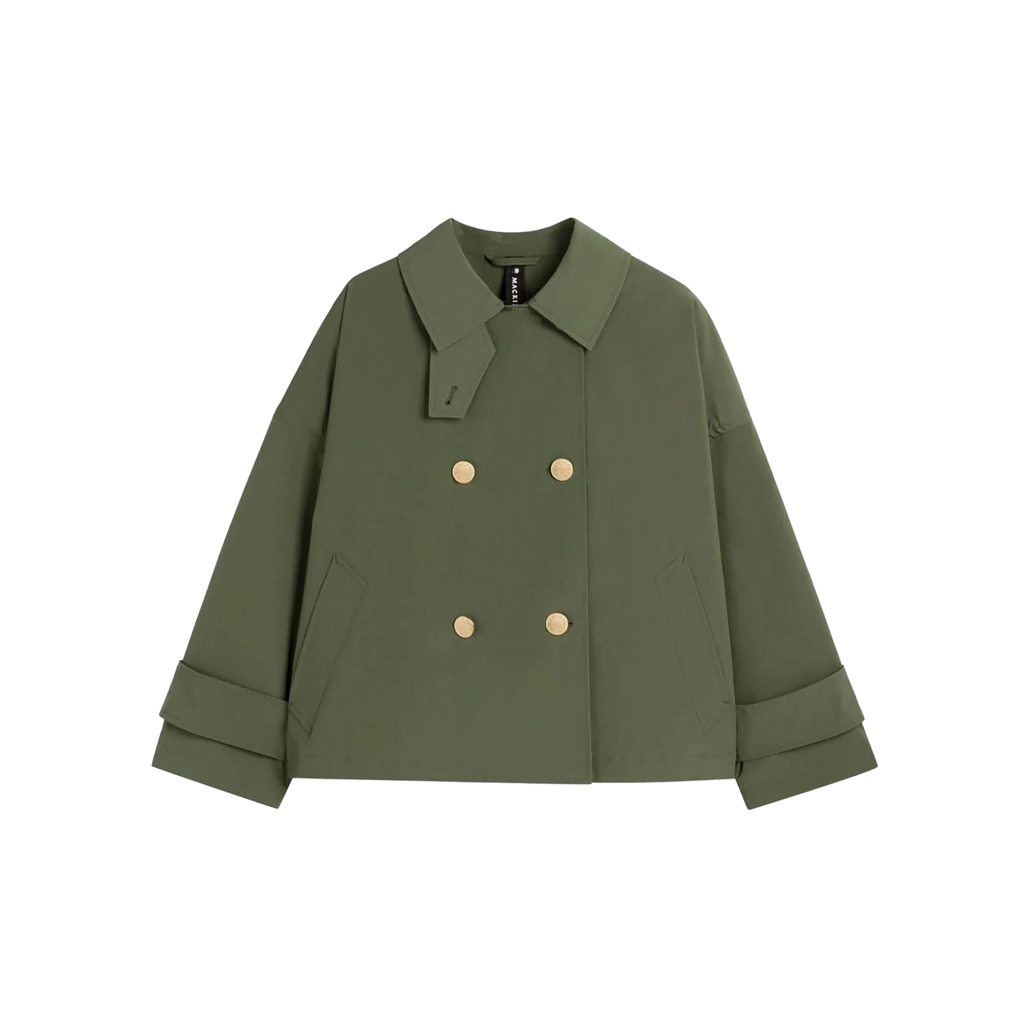 The W Humbie DB Short Nylon by Mackintosh is an olive green, water-repellent, double-breasted coat featuring gold buttons, wide lapels, and cuffed sleeves.