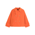 The W Humbie DB Short Nylon by Mackintosh is an orange double-breasted coat featuring wide cuffs, a notched collar, and two front pockets; it also offers water-repellent protection for added durability.