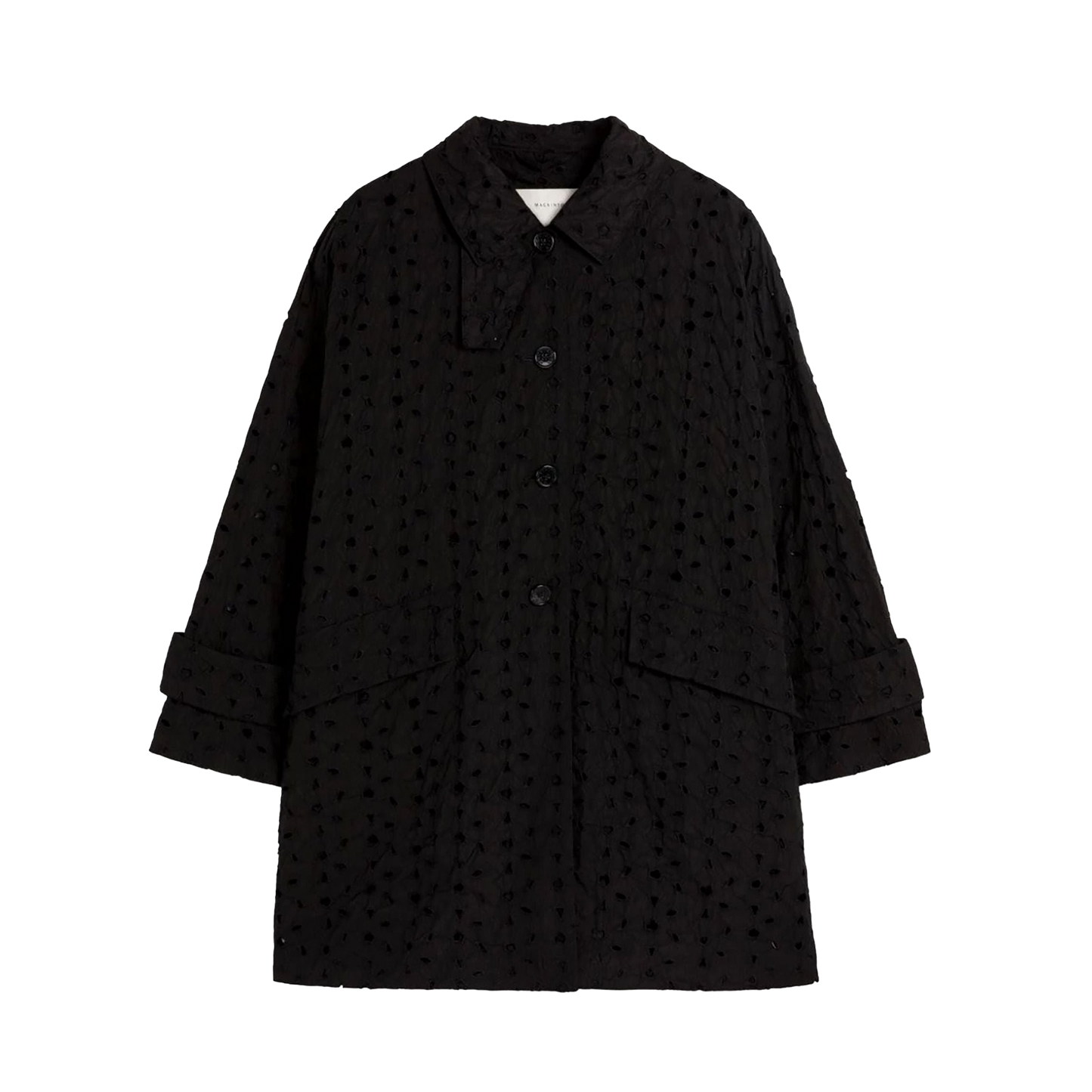 Introducing the W Humbie Nylon from Mackintosh: a black quilted coat featuring a collar and a button-down front, crafted from water-repellent nylon. This stylish coat includes side pockets and rolled cuffs, seamlessly combining classic style with signature Mackintosh features.