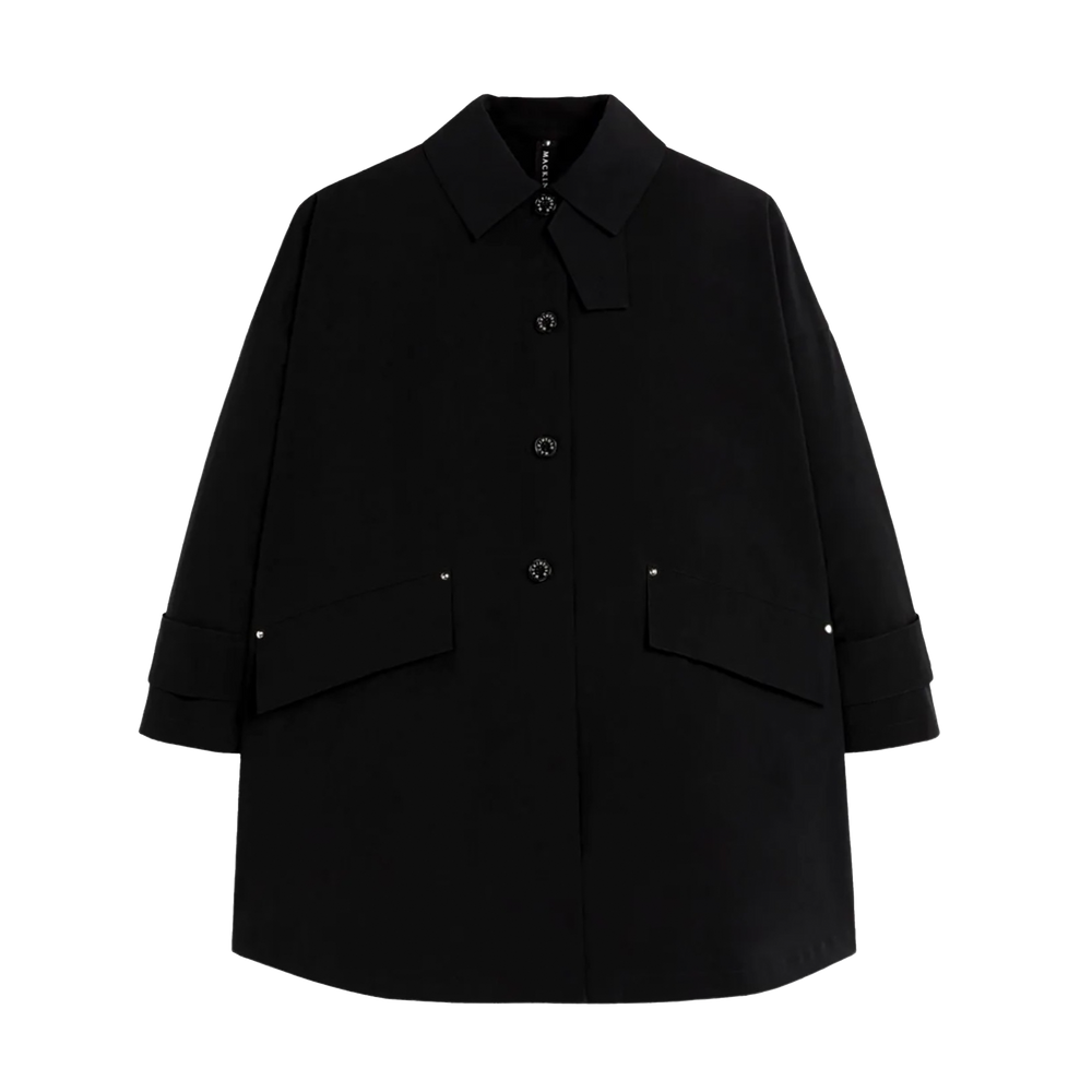 A black, button-up, long-sleeved Mackintosh W Humbie Nylon coat with a collar and two front pockets lies flat against a white background, showcasing its water-repellent nylon features.