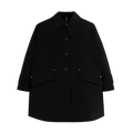 A black, button-up, long-sleeved Mackintosh W Humbie Nylon coat with a collar and two front pockets lies flat against a white background, showcasing its water-repellent nylon features.