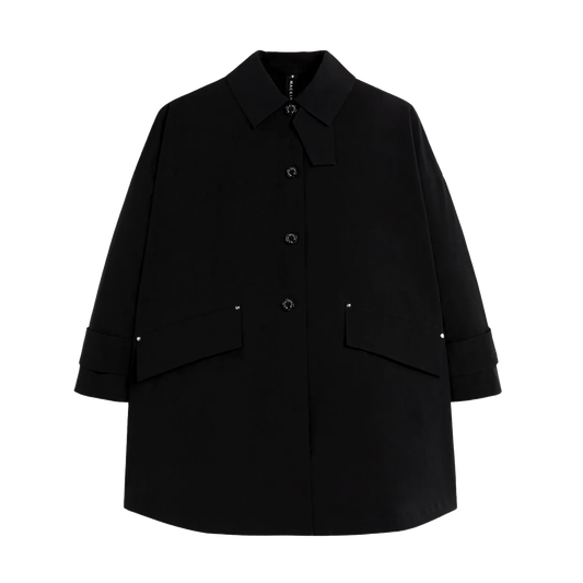 A black, button-up, long-sleeved Mackintosh W Humbie Nylon coat with a collar and two front pockets lies flat against a white background, showcasing its water-repellent nylon features.