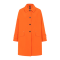 The W Humbie Nylon from Mackintosh is a bright orange coat featuring a collar, four front buttons, two front pockets with flaps, and buttoned cuffs. It is made from water-repellent nylon for added durability.