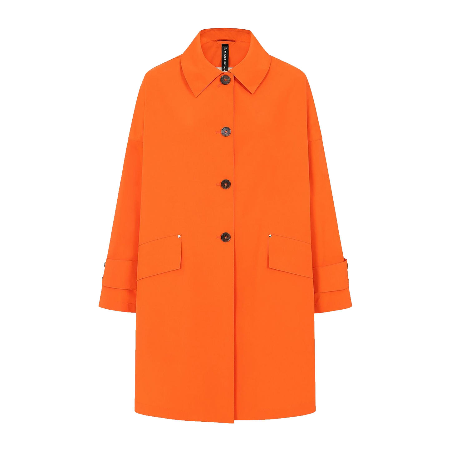 The W Humbie Nylon from Mackintosh is a bright orange coat featuring a collar, four front buttons, two front pockets with flaps, and buttoned cuffs. It is made from water-repellent nylon for added durability.