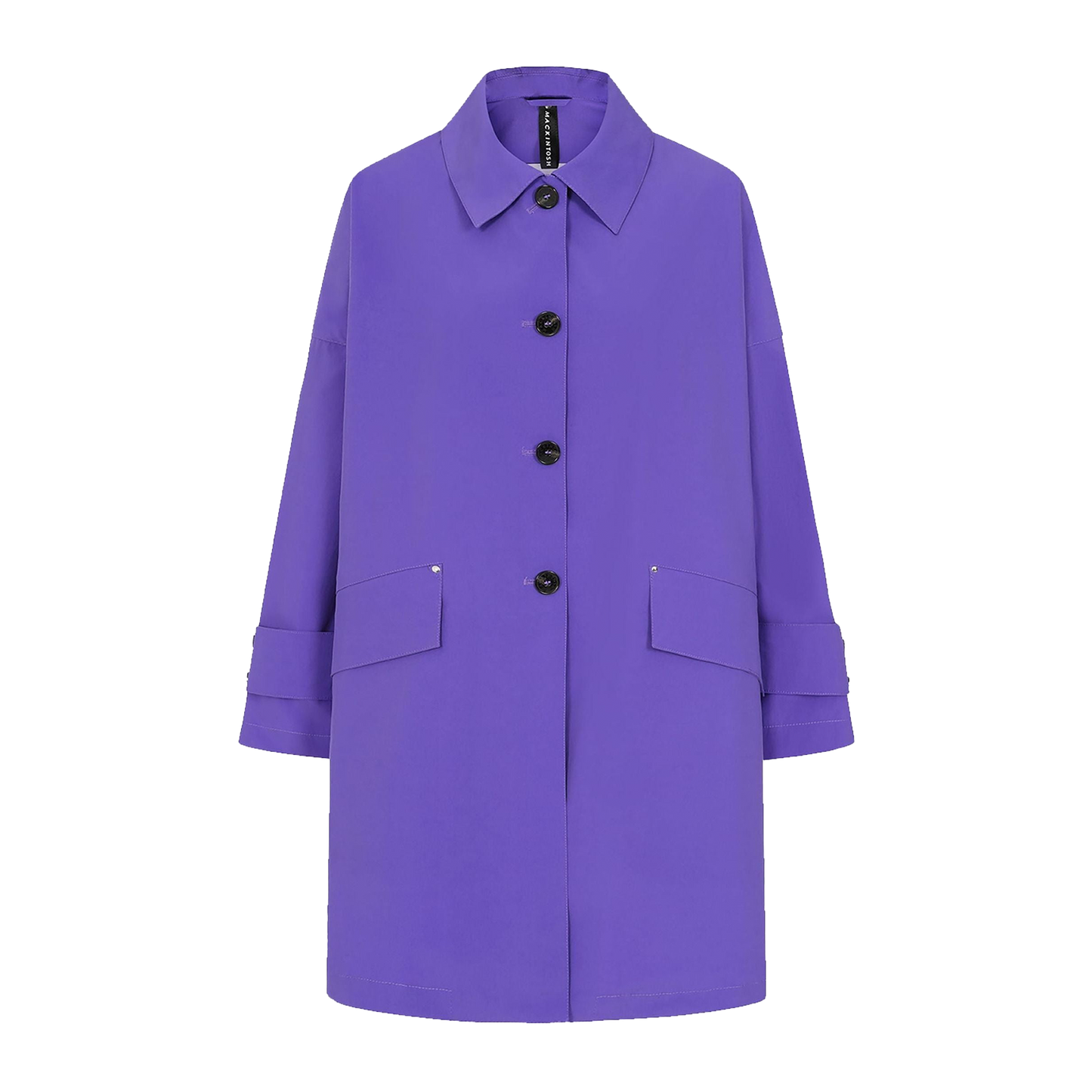 Mackintosh's W Humbie Nylon coat features a purple long-sleeve design with a button-down front, two large front pockets, and a pointed collar, all crafted from water-repellent nylon.