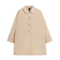 A beige, collared, long-sleeved Mackintosh W Humbie Nylon coat with a button-up front and large side pockets, crafted from water-repellent nylon, is displayed against a white background.