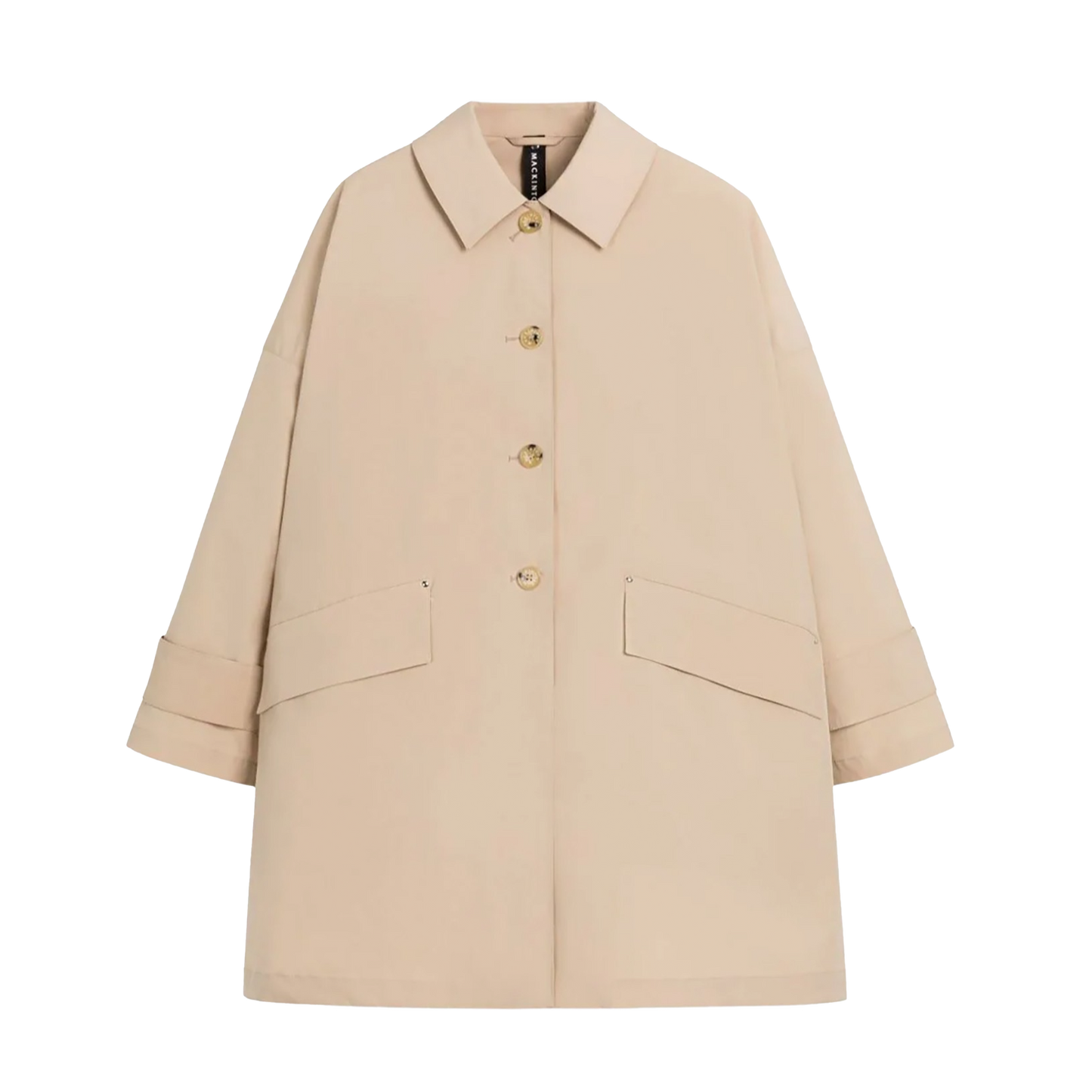 A beige, collared, long-sleeved Mackintosh W Humbie Nylon coat with a button-up front and large side pockets, crafted from water-repellent nylon, is displayed against a white background.