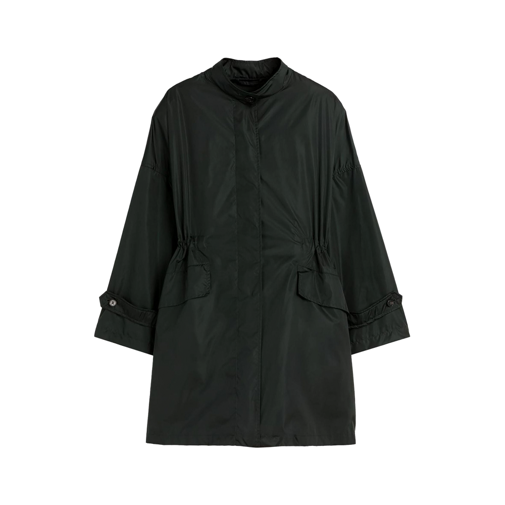 Presenting the W Humbie packable by Mackintosh: a dark green parka with long sleeves, expertly crafted from lightweight nylon, featuring a high collar and two front pockets.