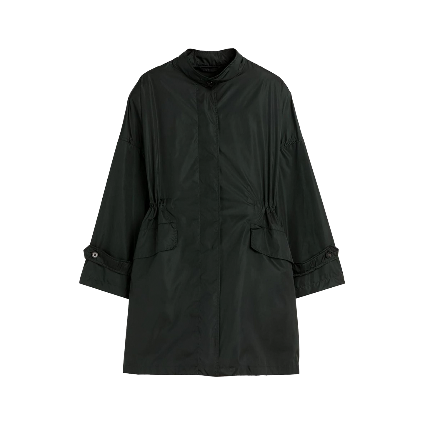 Presenting the W Humbie packable by Mackintosh: a dark green parka with long sleeves, expertly crafted from lightweight nylon, featuring a high collar and two front pockets.