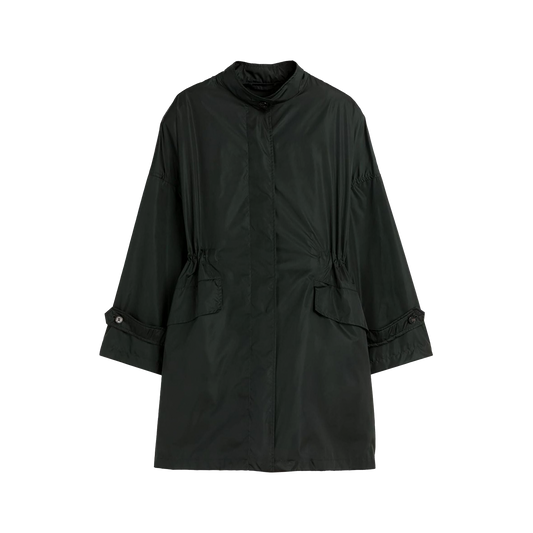 Presenting the W Humbie packable by Mackintosh: a dark green parka with long sleeves, expertly crafted from lightweight nylon, featuring a high collar and two front pockets.