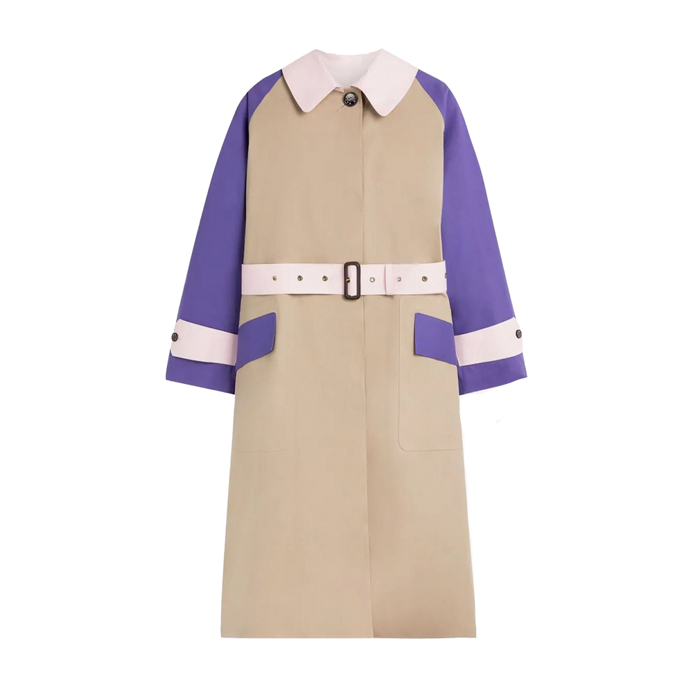 The W Knightwoods by Mackintosh is a beige trench coat made from waterproof bonded cotton, featuring purple sleeves, a white collar and belt, buttoned cuffs, and front pockets that pay homage to classic Mackintosh design codes.