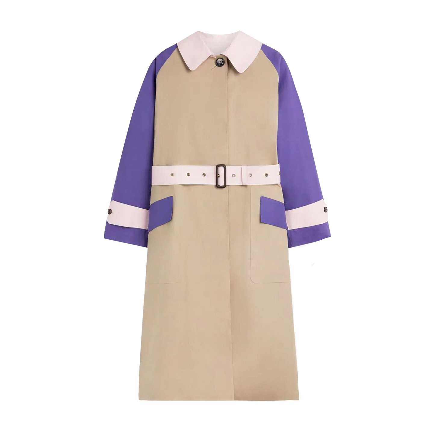 The W Knightwoods by Mackintosh is a beige trench coat made from waterproof bonded cotton, featuring purple sleeves, a white collar and belt, buttoned cuffs, and front pockets that pay homage to classic Mackintosh design codes.