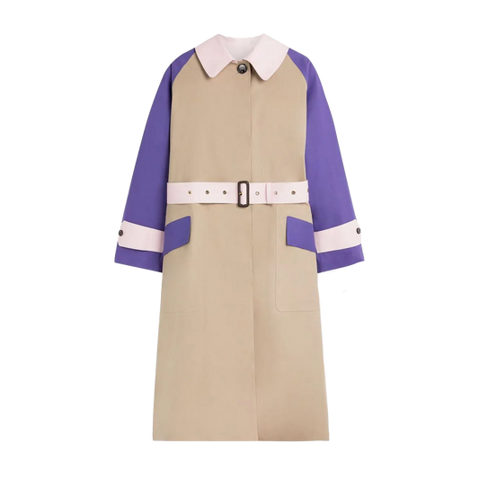 The W Knightwoods by Mackintosh is a beige trench coat made from waterproof bonded cotton, featuring purple sleeves, a white collar and belt, buttoned cuffs, and front pockets that pay homage to classic Mackintosh design codes.