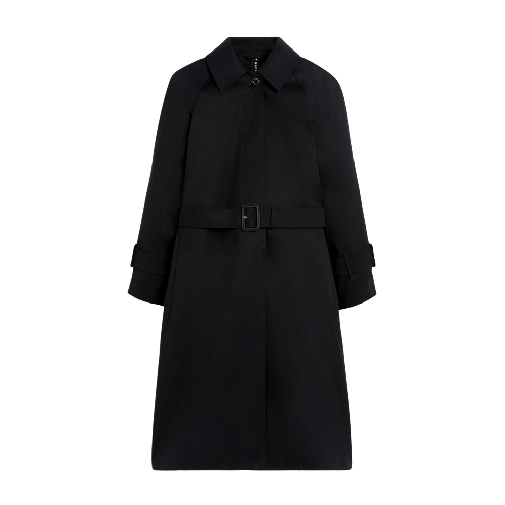 Introducing the windproof W Maili by Mackintosh, made from innovative RAINTEC cotton. This black trench coat features a belt and buttoned cuffs, beautifully showcased against a crisp white background, perfectly blending style with functionality.