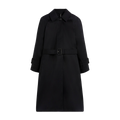 Introducing the windproof W Maili by Mackintosh, made from innovative RAINTEC cotton. This black trench coat features a belt and buttoned cuffs, beautifully showcased against a crisp white background, perfectly blending style with functionality.