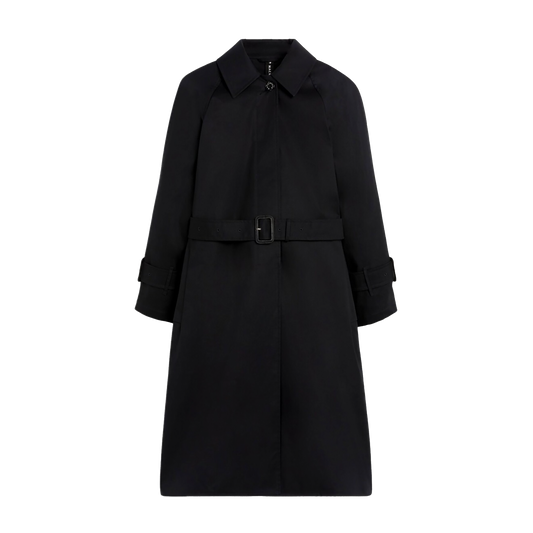 Introducing the windproof W Maili by Mackintosh, made from innovative RAINTEC cotton. This black trench coat features a belt and buttoned cuffs, beautifully showcased against a crisp white background, perfectly blending style with functionality.