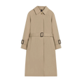 The W Maili coat by Mackintosh is a beige trench made from RAINTEC cotton. It features a collar, long sleeves, and a matching belt with a rectangular buckle. The adjustable cuff straps make it windproof for blustery days.