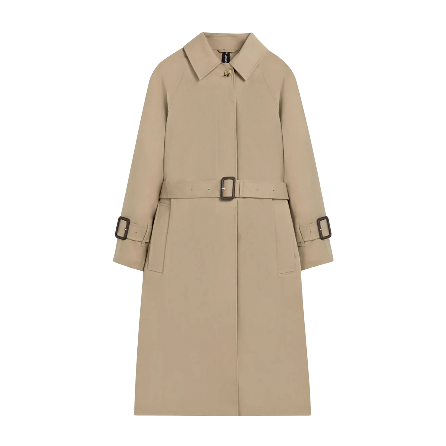 The W Maili coat by Mackintosh is a beige trench made from RAINTEC cotton. It features a collar, long sleeves, and a matching belt with a rectangular buckle. The adjustable cuff straps make it windproof for blustery days.