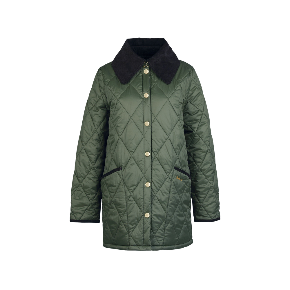 Oversized proportions define this Barbour W Modern Liddesdale Quilted Jacket in classic green, featuring a black collar and black-trimmed pockets. Buttoned down the front, the jacket hangs elegantly against a white background.