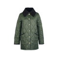 Oversized proportions define this Barbour W Modern Liddesdale Quilted Jacket in classic green, featuring a black collar and black-trimmed pockets. Buttoned down the front, the jacket hangs elegantly against a white background.