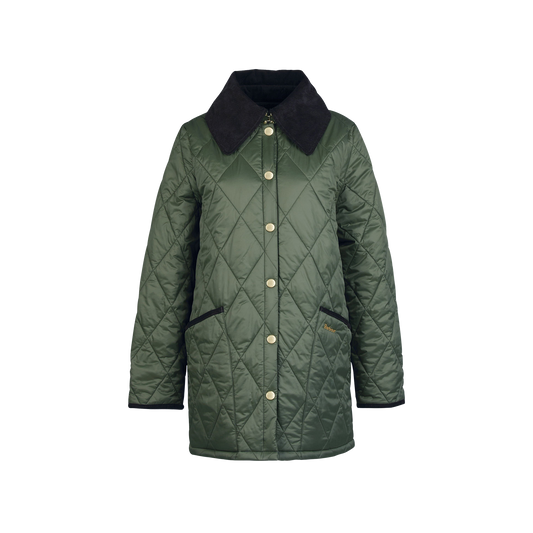 Oversized proportions define this Barbour W Modern Liddesdale Quilted Jacket in classic green, featuring a black collar and black-trimmed pockets. Buttoned down the front, the jacket hangs elegantly against a white background.