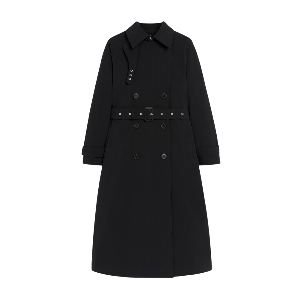 W Polly: A Black double-breasted trench coat by Mackintosh, featuring a belt and buttoned cuffs, displayed on a white background.