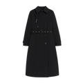 W Polly: A Black double-breasted trench coat by Mackintosh, featuring a belt and buttoned cuffs, displayed on a white background.