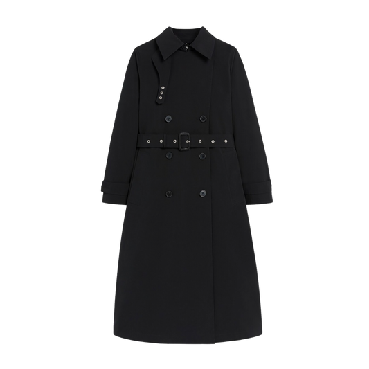 W Polly: A Black double-breasted trench coat by Mackintosh, featuring a belt and buttoned cuffs, displayed on a white background.