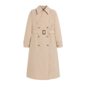 Introducing the W Polly coat by Mackintosh: a beige, knee-length trench with an oversized A-line silhouette. It features a belt, a buttoned front, and long sleeves, and is water-repellent for added practicality.