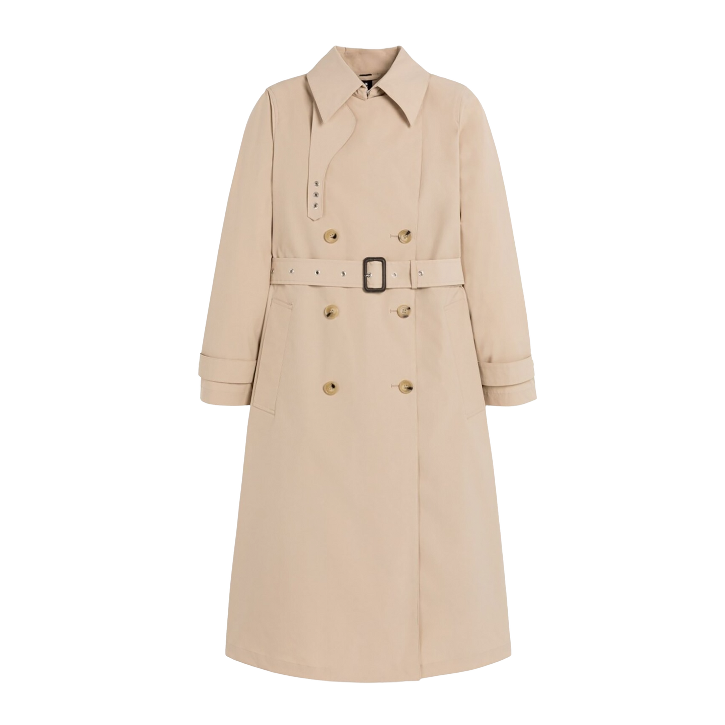 Introducing the W Polly coat by Mackintosh: a beige, knee-length trench with an oversized A-line silhouette. It features a belt, a buttoned front, and long sleeves, and is water-repellent for added practicality.