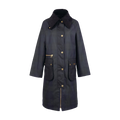 The Barbour Women's Townfield Wax Jacket in Navy/Ancient is crafted from sleek Sylkoil fabric with button and zipper closure. It features a tartan print, two front pockets with buttoned flaps, and gold accents for a timeless look.