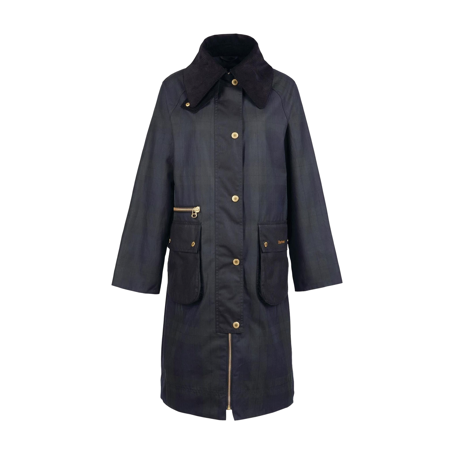 The Barbour Women's Townfield Wax Jacket in Navy/Ancient is crafted from sleek Sylkoil fabric with button and zipper closure. It features a tartan print, two front pockets with buttoned flaps, and gold accents for a timeless look.