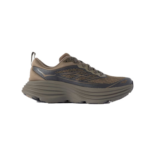 Side view of the Hoka Stealth/Tech Bondi 8 Caged athletic shoe in olive green, featuring a thick, textured sole and sleek design.