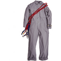 A gray Climbing Jumpsuit with a belt and a wristwatch laid out flat, crafted from durable cotton ripstop for ease of mobility, accompanied by several colorful lanyards and ropes hanging over the shoulder area.

Replaced Sentence: A Westerlind Climbing Jumpsuit, Light Grey-1 with a belt and a wristwatch laid out flat, crafted from durable cotton ripstop for ease of mobility, accompanied by several colorful lanyards and ropes hanging over the shoulder area.