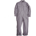 Gray long-sleeve coverall with a buttoned front, two chest pockets with buttons, and folded cuffs at the ankles. Designed for ease of mobility, this Climbing Jumpsuit, Light Grey-1 by Westerlind is crafted from durable cotton ripstop material.